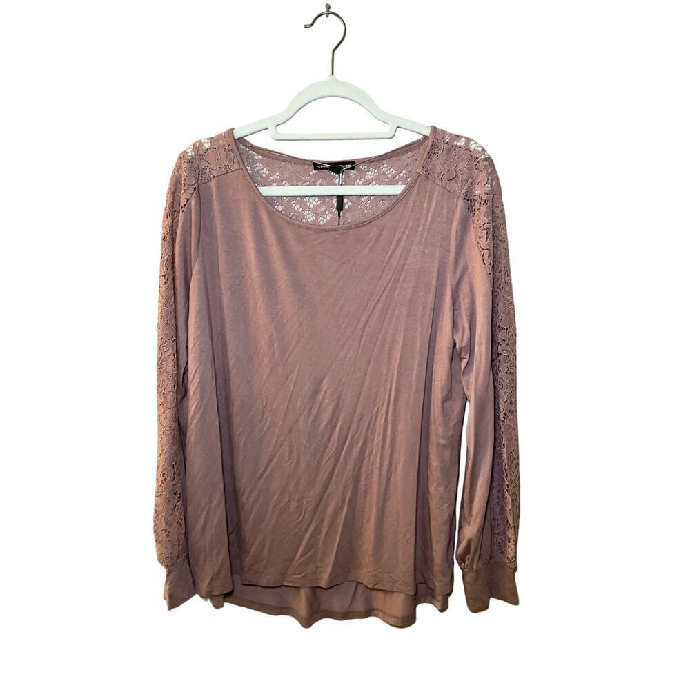 Cable & Gauge Blouse Top Women's SZ L Beige‎ Lace Long Sleeve Crew Neck Viscose